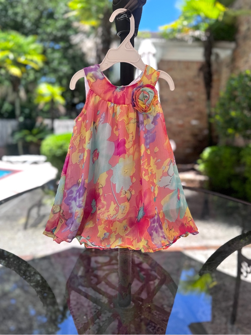 Blueberi Boulevard Girls Floral Chiffon Dress in Coral, Pink, Yellow and Aqua